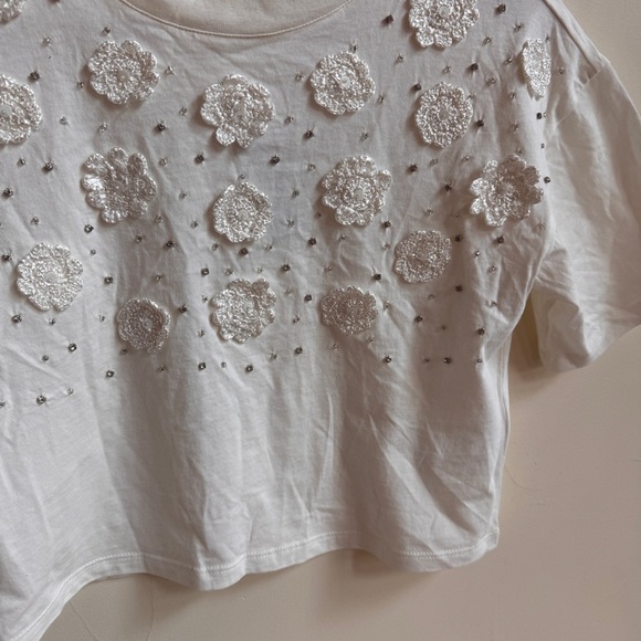J Crew White Crochet Flower Beaded Short Sleeve Cropped Tee Womens Size XXS - Picture 5 of 12